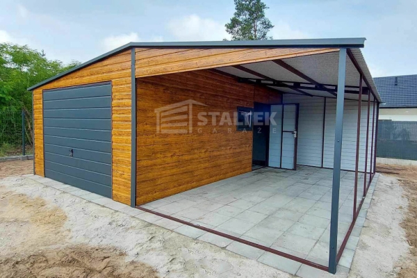 Ogłoszenie - Garaż blaszany 4x6 + wiata 4m - Brama uchylna - Drzwi - okno - jasny orzech drewnopodobny Dach dwuspadowy ST119. Zdjęcie 4