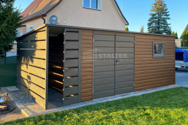 Ogłoszenie - Schowek - domek ogrodowy 6x3 + wiata 1m - brama - okno - ciemny orzech - drewnopodobny dach spad w tył ST105. Zdjęcie 3