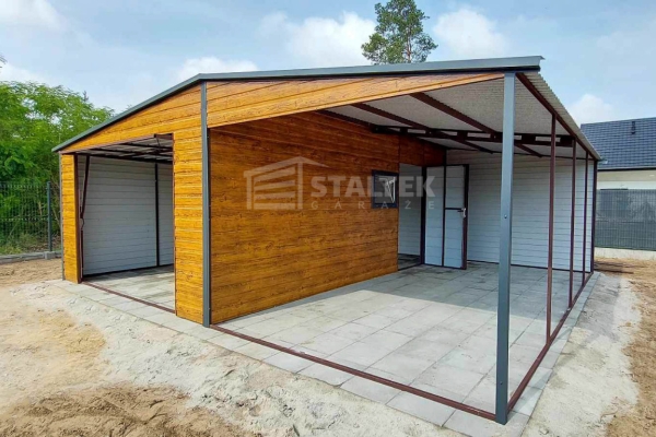 Ogłoszenie - Garaż blaszany 4x6 + wiata 4m - Brama uchylna - Drzwi - okno - jasny orzech drewnopodobny Dach dwuspadowy ST119. Zdjęcie 3