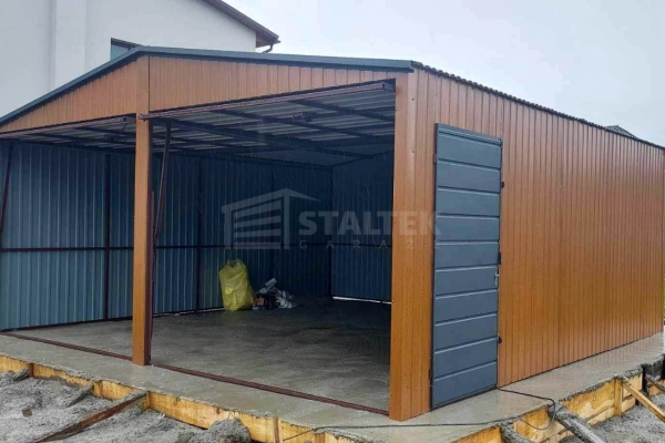Ogłoszenie - Garaż blaszany 6x6 2x Brama + drzwi  jasny orzech drewnopodobny + antracyt Dach dwuspadowy ST110. Zdjęcie 2