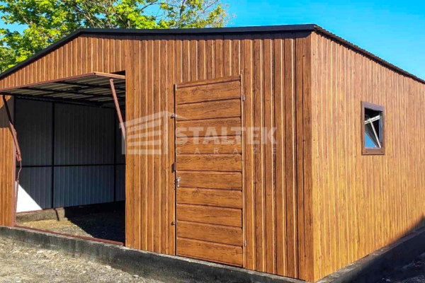 Ogłoszenie - Garaż blaszany 6x6 Brama + drzwi + 2x okno drewnopodobny - jasny orzech  + antracyt Dach dwuspadowy ST111. Zdjęcie 2