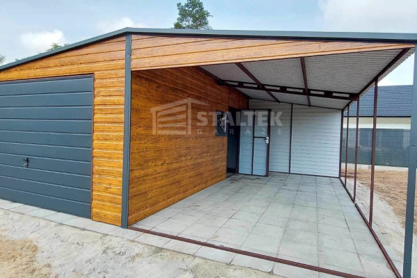 Ogłoszenie - Garaż blaszany 4x6 + wiata 4m - Brama uchylna - Drzwi - okno - jasny orzech drewnopodobny Dach dwuspadowy ST119. Zdjęcie 6