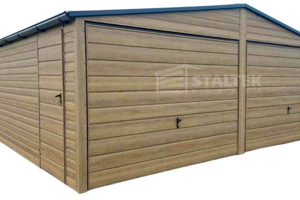 Ogłoszenie - Garaż blaszany 6x5,8m - 2x brama uchylna - drzwi - okno - winchester - drewnopodobny - rynny - dach dwuspadowy ST137. Zdjęcie 1