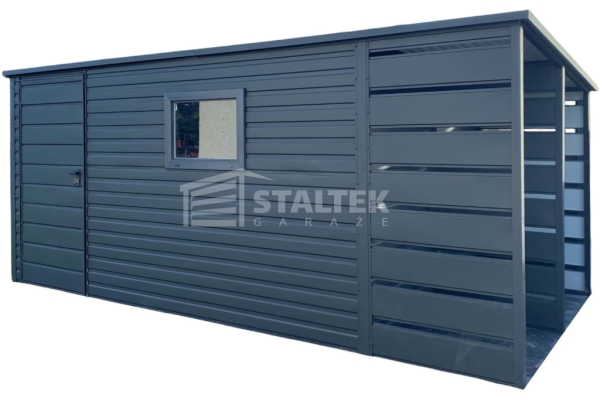 Ogłoszenie - Schowek - Domek ogrodowy 3,8x2,5m + wiata 1,2m - drzwi - okno - Antracyt - dach spad w tył ST149. Zdjęcie 1