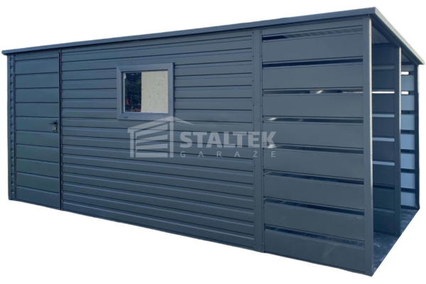 Ogłoszenie - Schowek - Domek ogrodowy 3,8x2,5 + wiata 1,2 - drzwi - okno - Antracyt - dach spad w tył ST103. Zdjęcie 1