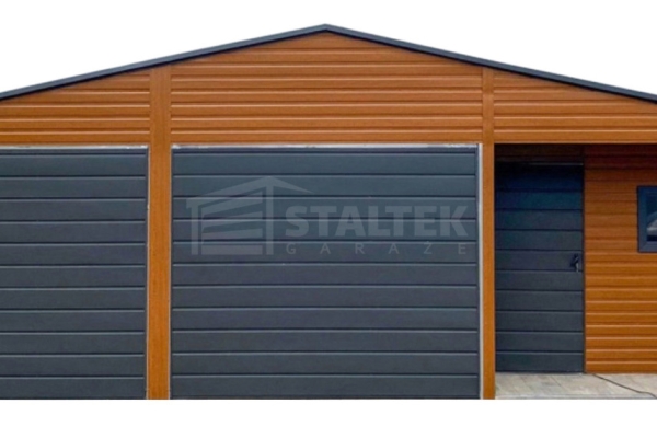 Ogłoszenie - Garaż blaszany 5x9m - wnęka - 2x brama - drzwi - okno - jasny orzech - drewnopodobny - rynny - dach dwuspadowy ST100. Zdjęcie 1