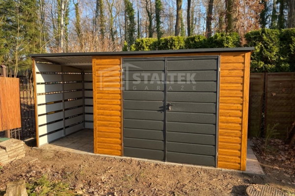 Ogłoszenie - Schowek - Domek Ogrodowy 3x2m + wiata 1,5m - Brama - jasny orzech - dach spad w tył ST132. Zdjęcie 4