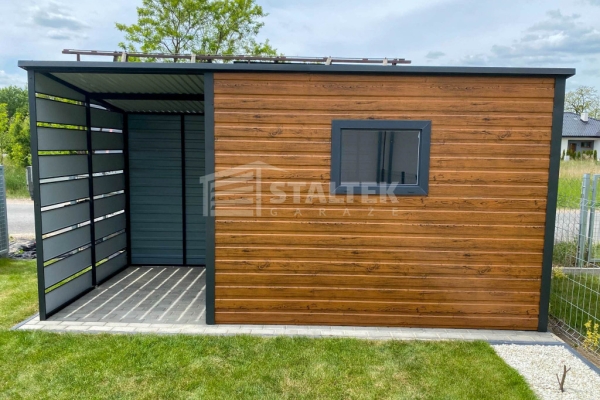 Ogłoszenie - Schowek - Domek Ogrodowy 3x2m + wiata 1,5m -  Drzwi  - okno - jasny orzech - dach spad w tył ST134. Zdjęcie 3