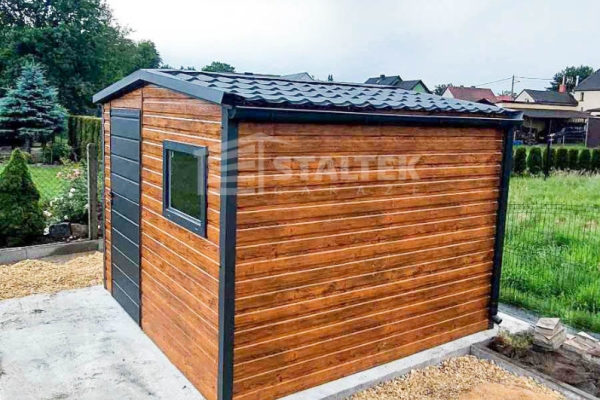 Ogłoszenie - Schowek domek ogrodowy 3x4m - drzwi - okno - jasny orzech - drewnopodobny - antracyt - blachodachówka rynny ST145. Zdjęcie 6