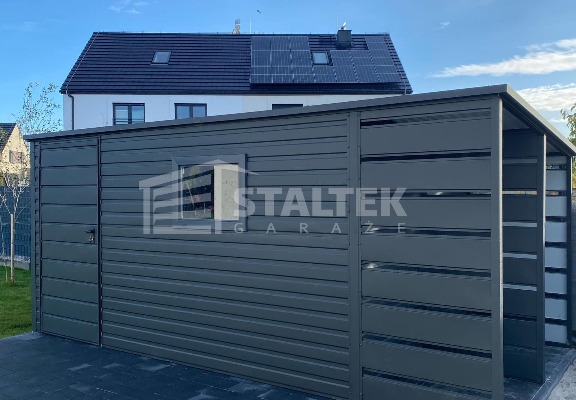 Ogłoszenie - Schowek - Domek ogrodowy 3,8x2,5m + wiata 1,2m - drzwi - okno - Antracyt - dach spad w tył ST149. Zdjęcie 3