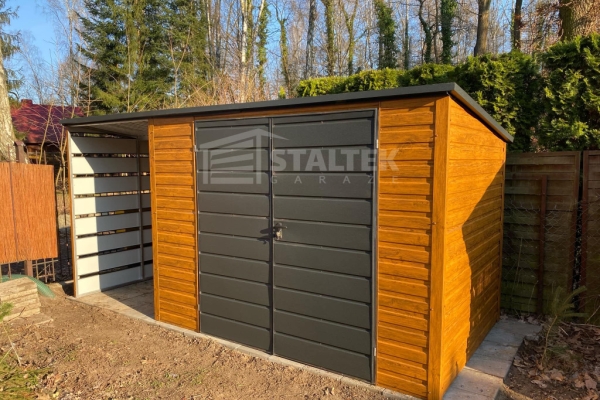 Ogłoszenie - Schowek - Domek Ogrodowy 3x2m + wiata 1,5m - Brama - jasny orzech - dach spad w tył ST132. Zdjęcie 2