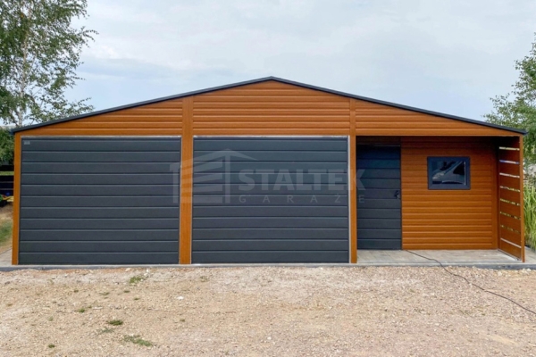 Ogłoszenie - Garaż blaszany 5x9m - wnęka - 2x brama - drzwi - okno - jasny orzech - drewnopodobny - rynny - dach dwuspadowy ST100. Zdjęcie 3