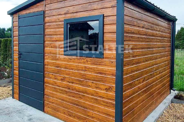 Ogłoszenie - Schowek domek ogrodowy 3x4m - drzwi - okno - jasny orzech - drewnopodobny - antracyt - blachodachówka rynny ST145. Zdjęcie 4