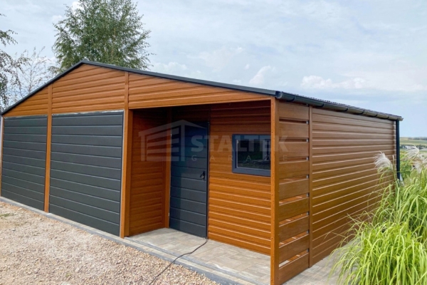 Ogłoszenie - Garaż blaszany 5x9m - wnęka - 2x brama - drzwi - okno - jasny orzech - drewnopodobny - rynny - dach dwuspadowy ST100. Zdjęcie 4