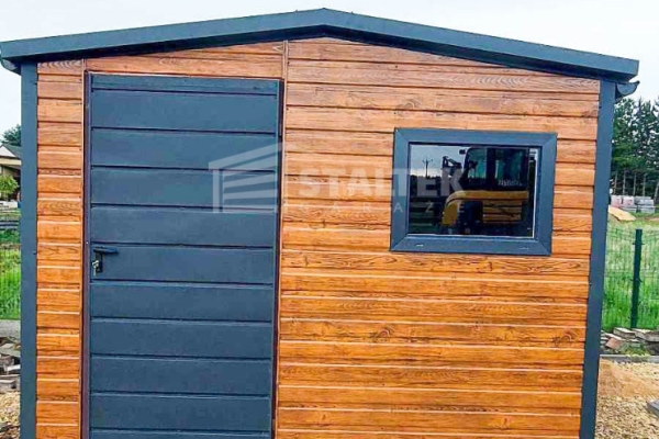 Ogłoszenie - Schowek domek ogrodowy 3x4m - drzwi - okno - jasny orzech - drewnopodobny - antracyt - blachodachówka rynny ST145. Zdjęcie 2