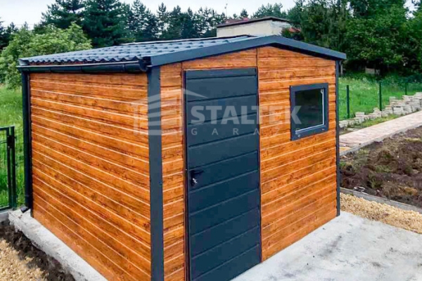 Ogłoszenie - Schowek domek ogrodowy 3x4m - drzwi - okno - jasny orzech - drewnopodobny - antracyt - blachodachówka rynny ST145. Zdjęcie 3