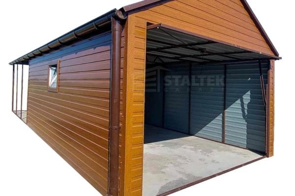 Ogłoszenie - Garaż blaszany 3x5 - Brama uchylna - drzwi - okno - jasny orzech - drewnopodobny - rynny - dach dwuspadowy ST123. Zdjęcie 1
