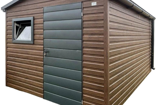 Ogłoszenie - Schowek - domek ogrodowy 2,7x3,5m - drzwi - okno - ciemny orzech - drewnopodobny - dach dwuspadowy - rynny ID1047. Zdjęcie 1