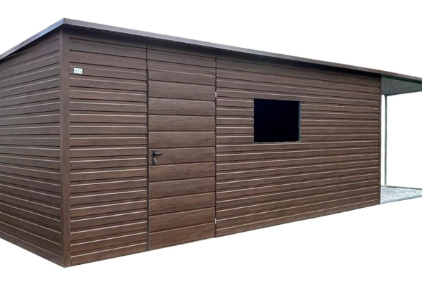 Ogłoszenie - Schowek - domek ogrodowy 6x3m - wiata 3m - drzwi - otwór na okno - ciemny orzech - drewnopodobny - dach spad w bok ID105. Zdjęcie 1