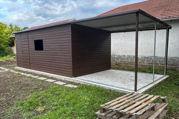 Ogłoszenie - Schowek - domek ogrodowy 6x3m - wiata 3m - drzwi - otwór na okno - ciemny orzech - drewnopodobny - dach spad w bok ID105. Zdjęcie 3