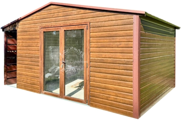 Ogłoszenie - Schowek - domek ogrodowy 5,5x4m - wiata 0,5m - drzwi szklane PCV - jasny orzech - drewnopodobny - dach dwuspadowy ID1136. Zdjęcie 1