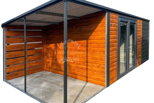 Ogłoszenie - Schowek - domek ogrodowy 4x3m - wiata 1,5m - drzwi - drzwi szklane PCV - złoty dąb - drewnopodobny - antracyt -  ID1135. Zdjęcie 1