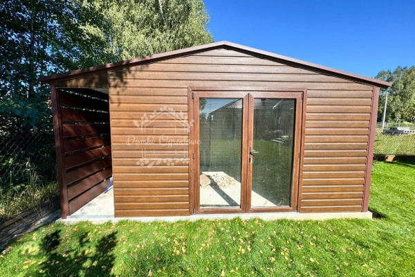 Ogłoszenie - Schowek - domek ogrodowy 5,5x4m - wiata 0,5m - drzwi szklane PCV - jasny orzech - drewnopodobny - dach dwuspadowy ID1136. Zdjęcie 3