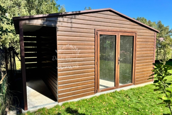 Ogłoszenie - Schowek - domek ogrodowy 5,5x4m - wiata 0,5m - drzwi szklane PCV - jasny orzech - drewnopodobny - dach dwuspadowy ID1136. Zdjęcie 2