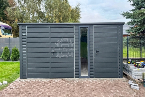 Ogłoszenie - Schowek - domek ogrodowy 4x3m - brama dwuskrzydłowa - okno - drzwi - antracyt - dach spad w tył ID1134. Zdjęcie 3