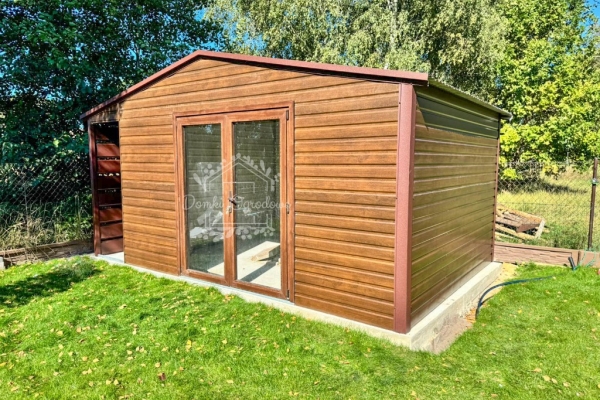 Ogłoszenie - Schowek - domek ogrodowy 5,5x4m - wiata 0,5m - drzwi szklane PCV - jasny orzech - drewnopodobny - dach dwuspadowy ID1136. Zdjęcie 4