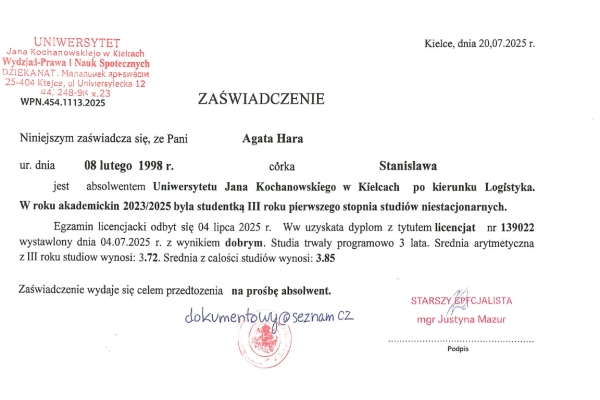 Ogłoszenie - Zaświadczenie Absolwenta Uniwersytetu Lub Innej Uczelni. Zdjęcie 1