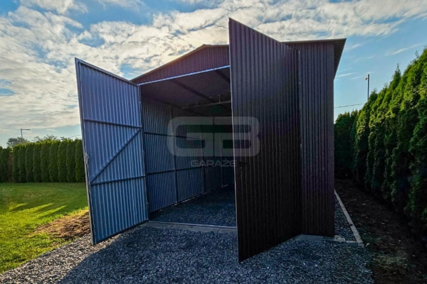 Ogłoszenie - Garaż blaszany 4x8m wolnostojący -  brama dwuskrzydłowa - ciemny brąz - dwuspadowy GB173. Zdjęcie 3