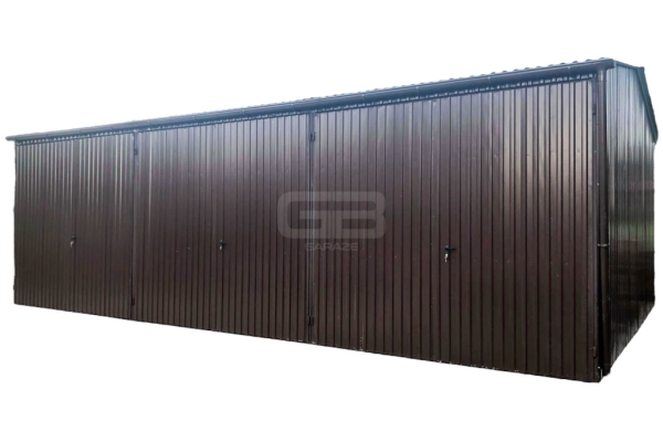 Ogłoszenie - Garaż blaszany 9x5 - 3x Brama dwuskrzydłowa  - Rynny - Brązowy - Dach dwuspadowy GB186. Zdjęcie 1