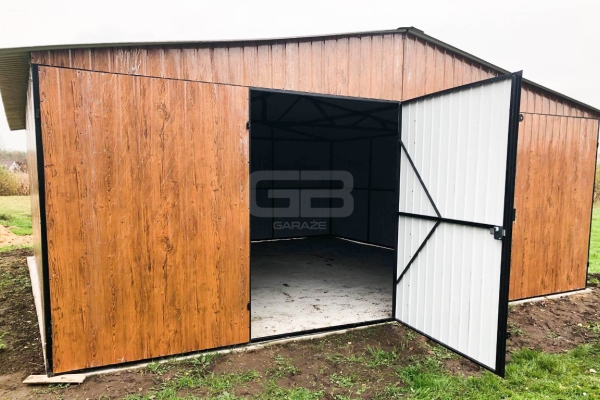 Ogłoszenie - Garaż blaszany 6x6 wolnostojący - 2x Brama dwuskrzydłowa - drewnopodobny - Dach dwuspadowy - GB180. Zdjęcie 3