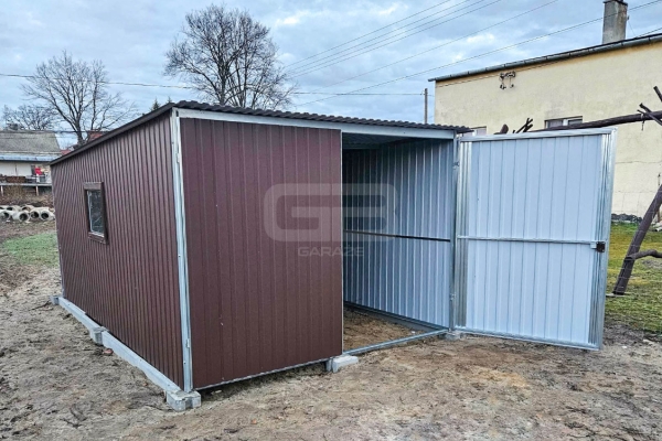 Ogłoszenie - Garaż blaszany 3x4m - wolnostojący - brama dwuskrzydłowa - okno - ciemny brąz - spad w tył GB137. Zdjęcie 2