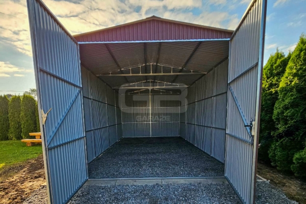 Ogłoszenie - Garaż blaszany 4x8m wolnostojący -  brama dwuskrzydłowa - ciemny brąz - dwuspadowy GB173. Zdjęcie 4