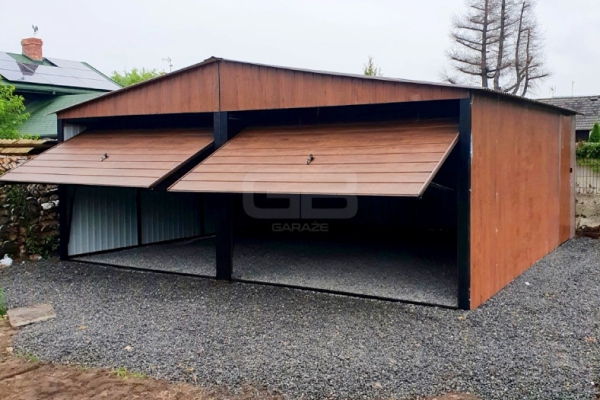 Ogłoszenie - Garaż blaszany 6x7 wolnostojący 2x Brama uchylna - drewnopodobny Dach dwuspadowy GB183. Zdjęcie 6