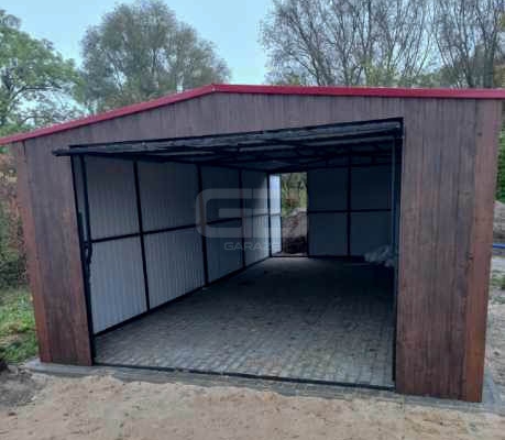 Ogłoszenie - Garaż blaszany 4x8 Brama + okno + drzwi - ciemny orzech drewnopodobny -  Dach dwuspadowy GB172. Zdjęcie 2