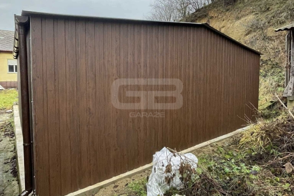 Ogłoszenie - Garaż blaszany 6x5,8m - 2x Brama uchylna - Ciemny orzech - drewnopodobny - antracyt - rynny - dach dwuspadowy GB178. Zdjęcie 6