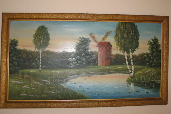 Ogłoszenie - Duży stary obraz olejny na płótnie 57x105 pejzaż wiejski z wiatrakiem. Zdjęcie 1