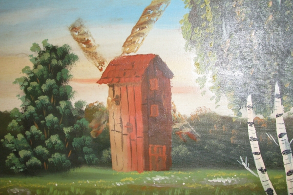 Ogłoszenie - Duży stary obraz olejny na płótnie 57x105 pejzaż wiejski z wiatrakiem. Zdjęcie 2