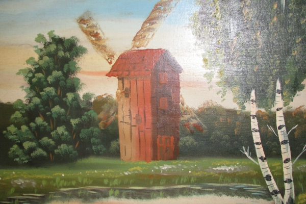Ogłoszenie - Duży stary obraz olejny na płótnie 57x105 pejzaż wiejski z wiatrakiem. Zdjęcie 5