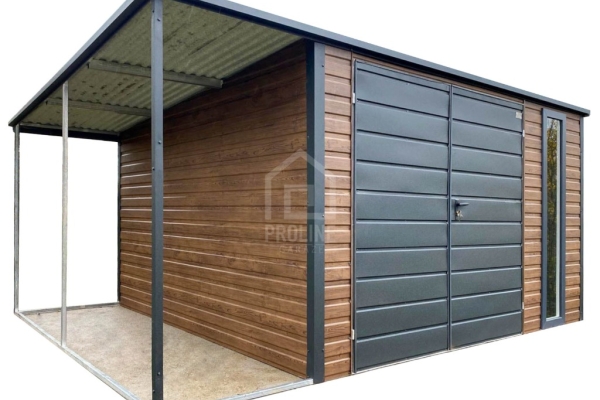 Ogłoszenie - Domek ogrodowy schowek  3,5x3,5m –  wiata 1x3,5m - brama dwuskrzydłowa –  okno - drewnopodobny - dach spad w tył PLG236. Zdjęcie 1