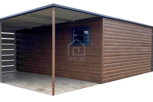 Ogłoszenie - Garaż blaszany 6,5x6m - 2x wiata - brama dwuskrzydłowa - okno - ciemny orzech - drewnopodobny - dach spad w tył PLG255. Zdjęcie 1