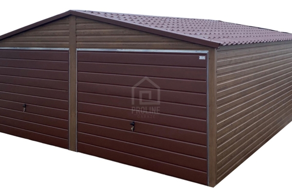 Ogłoszenie - Garaż blaszany 6x5,8m - 2x brama uchylna - ciemny orzech - drewnopodobny - blachodachówka - dach dwuspadowy PLG257. Zdjęcie 1