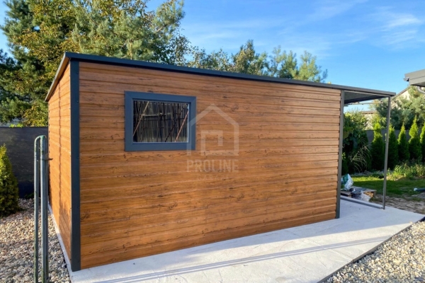 Ogłoszenie - Schowek - Domek ogrodowy 4x2m + wiata 1,5m drzwi okno ciemny orzech drewnopodobny - antracyt - dach spad w tył PLG261. Zdjęcie 2