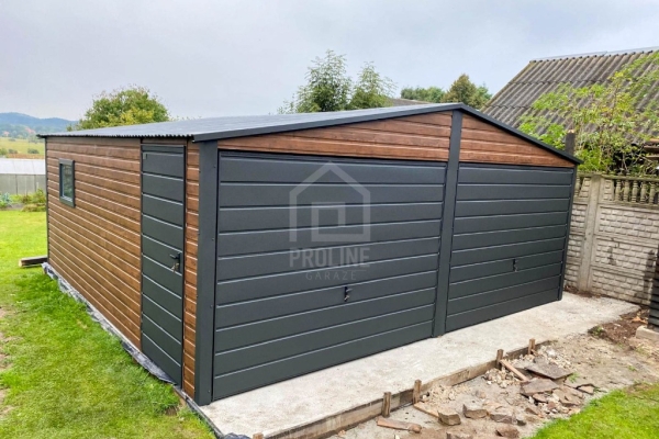 Ogłoszenie - Garaż blaszany 6x5,8 2x brama uchylna drzwi okno - ciemny orzech - antracyt - drewnopodobny - dach dwuspadowy PLG256. Zdjęcie 4