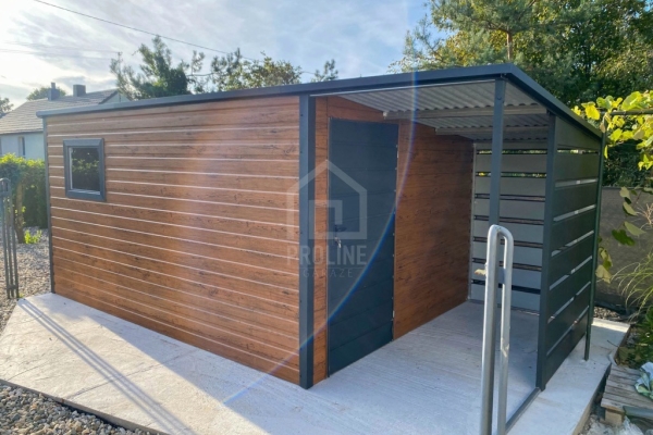 Ogłoszenie - Schowek - Domek ogrodowy 4x2m + wiata 1,5m drzwi okno ciemny orzech drewnopodobny - antracyt - dach spad w tył PLG261. Zdjęcie 4