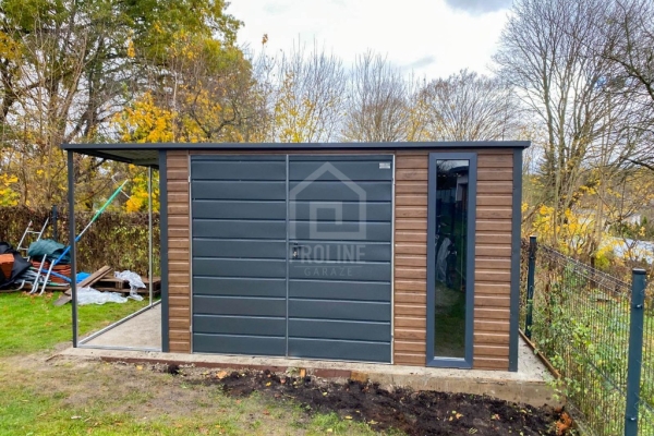 Ogłoszenie - Domek ogrodowy schowek  3,5x3,5m –  wiata 1x3,5m - brama dwuskrzydłowa –  okno - drewnopodobny - dach spad w tył PLG236. Zdjęcie 2