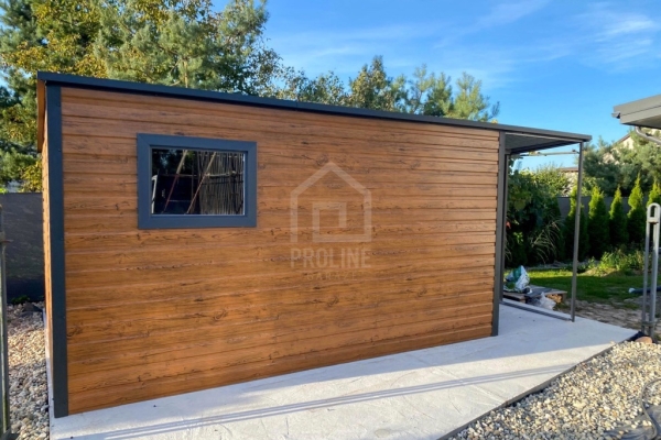 Ogłoszenie - Schowek - Domek ogrodowy 4x2m + wiata 1,5m drzwi okno ciemny orzech drewnopodobny - antracyt - dach spad w tył PLG261. Zdjęcie 3